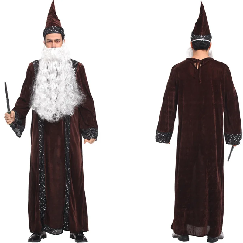 

Adult Man Halloween Cosplay Costumes Long Sleeve Magic Wizard Robe with Cap Party Masquerade Role Play Performance Disfraz