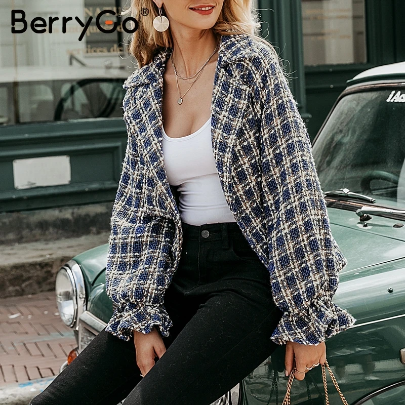 discounted  BerryGo Fashion plaid tweed jacket women coat Loose lantern sleeve streetwear coats Elastic high wa