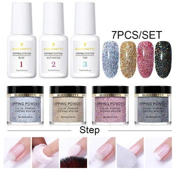 

BORN PRETTY 7PCS Dipping Nail Powder Set Ho-lographis Glitter Nail Art Pigment Dust Power Nail Decoration Dipping Base Top Coat
