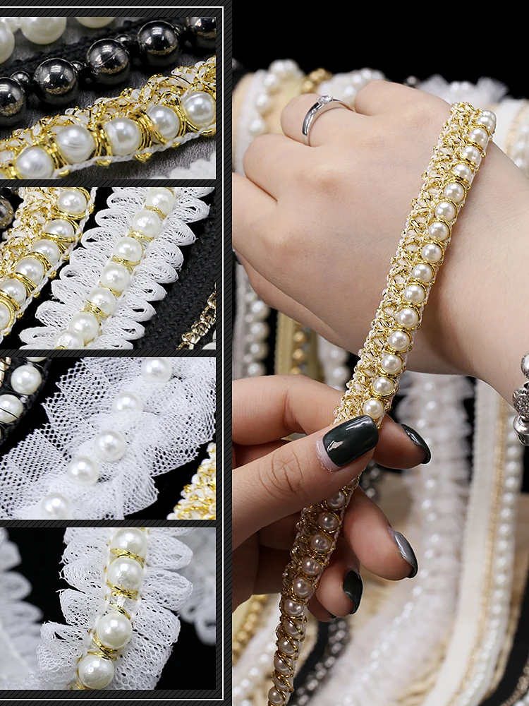 Lace Ribbon 1Yards/Lot Beaded Embroidered Collar Decoration African Cotton Fabric Net Cord for Sewing