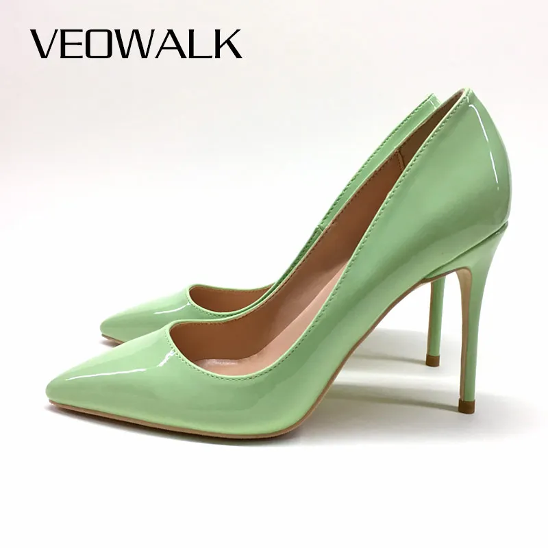 

Veowalk Mint Green Women Solid Patent Formal High Heels Pointy Toe Slip On Stilettos Elegant OL Ladies Dress Shoes 12/10/8cm