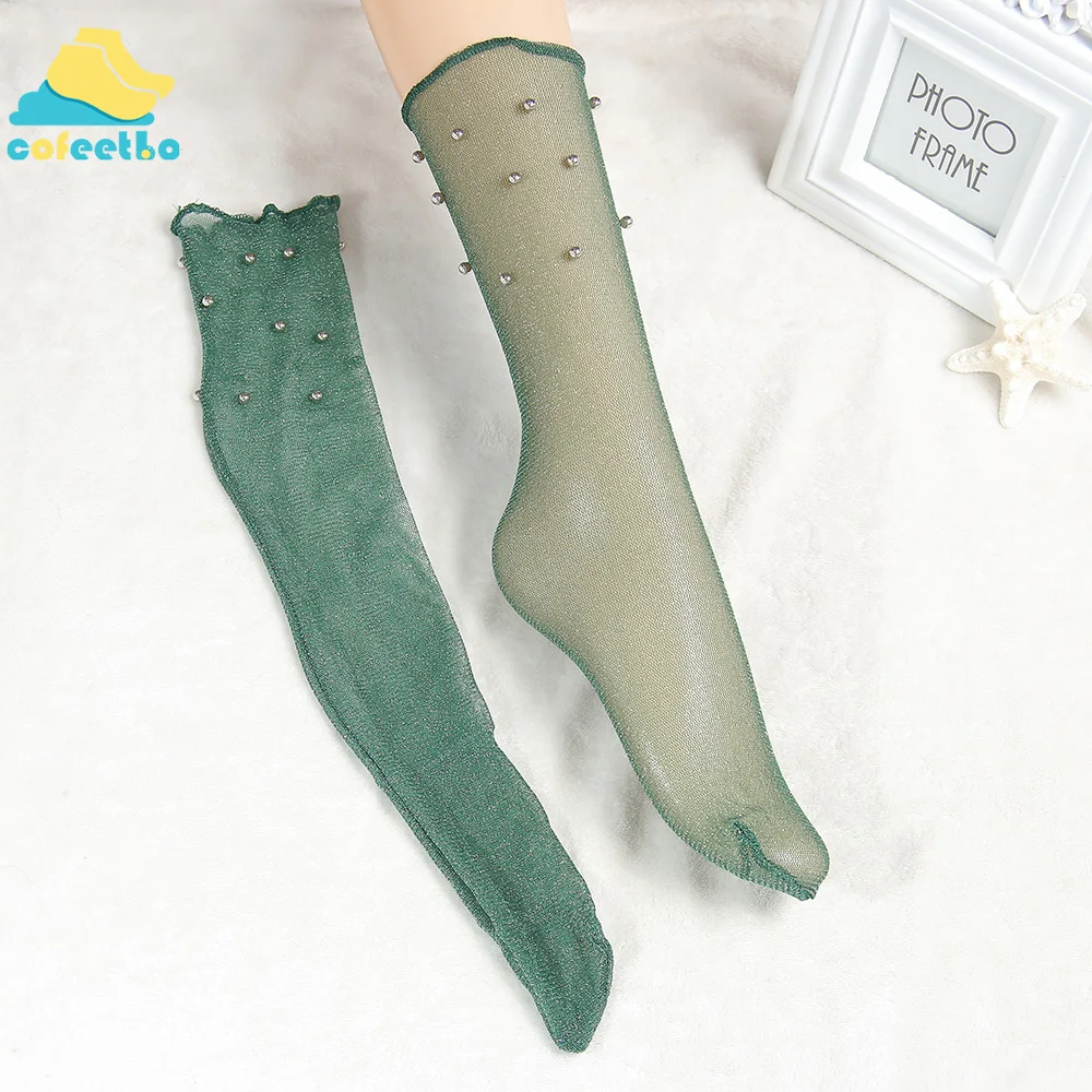 Dark Green Модные, стильные, блестящая жемчужина, длинные носки, модные, современные, для женщин, девочек, аксессуары с блестками, сетчатые, тонкие, с бусинами, марлевые, прозрачные, Sox - Цвет: Dark Green