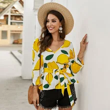 New Fashion Printed Blouse Women V-Neck 3/4 Sleeve Ruched Bow Sashes Spring Summer Clothes Shirt Women Casual Tops Ropa Mujer