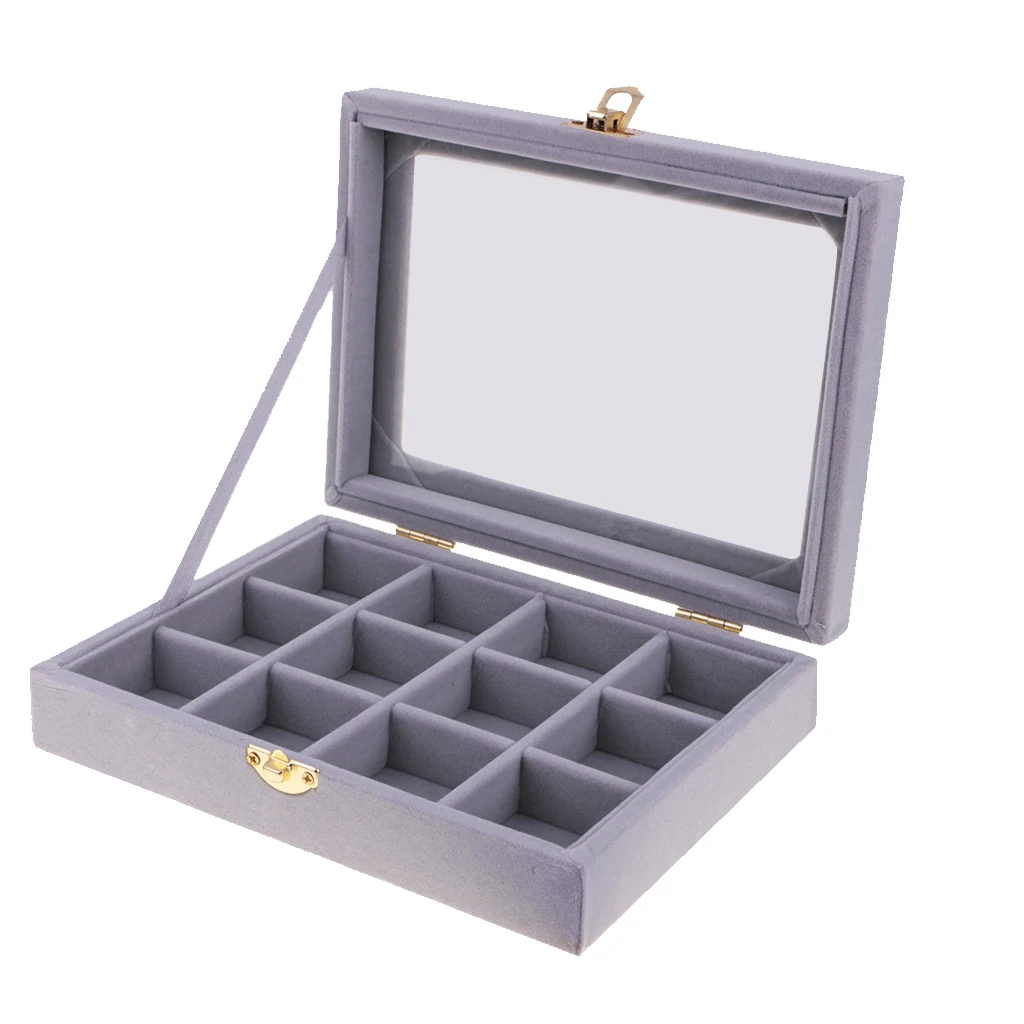 12 сеток кольцевые запонки, коробка для хранения Коробка для ювелирных изделий бархатный чехол для переноски со стеклянной крышкой выставочный стенд для украшений органайзер для хранения - Цвет: Gray