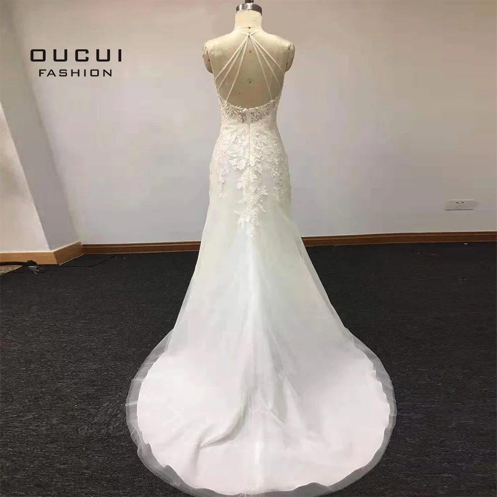 Вышивка длинное Русалка/свадебное платье Русалка Плюс Размер Vestido De Noiva Кружева Свадебные платья без рукавов OL103603
