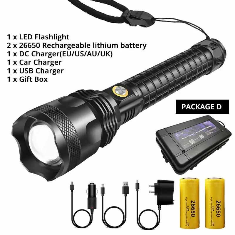 S113 Powerful LED Flashlight With XHP70.2 Lamp beads Tactical waterproof LED Torch Telescopic zoom 3 lighting modes By 26650 - Испускаемый цвет: Package D