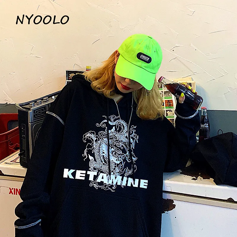 NYOOLO Harajuku стиль Винтажная с драконом печати толстовки осень уличная свободная длинный рукав с капюшоном Пуловеры Толстовка для женщин и мужчин Топ