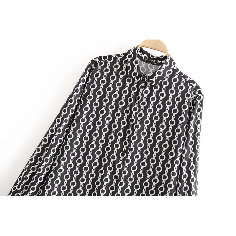  Fashion Za Women Shirt 2019 Vintage Chain Print Casual Turn-down Collar Shirts Blouses Stylish Loos