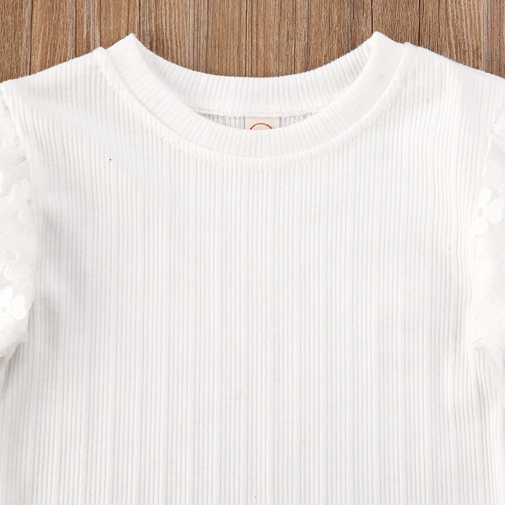 Модная одежда для маленьких девочек однотонная Кружевная футболка с длинными рукавами+ короткая юбка-карандаш комплект одежды из 2 предметов