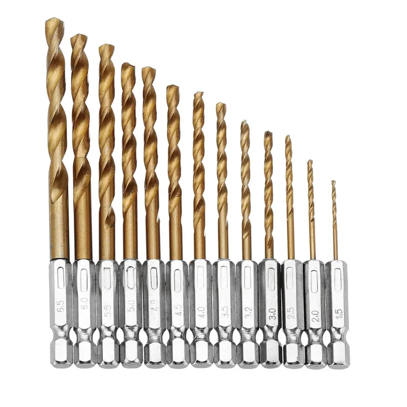 

13pcs/lot HSS High Speed Steel Titanium Coated Drill Bit Set 1/4 Hex Shank 1.5-6.5mm