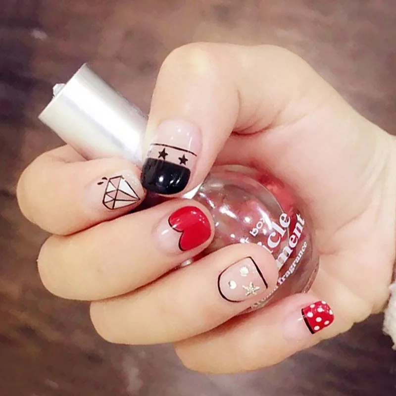 

Summer New Cutefalse nails with designs Patches Jump Color Detachable Short Round Full Cover False Nails with Glue press on