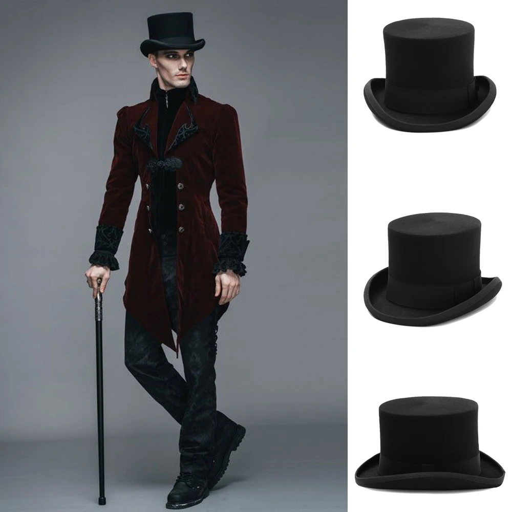 

4 Sizes Men Women Black Wool High Top Hats Magician Caps Classical Retro Topper Hatter Party Cosplay Winter Warm Fedora Trilby