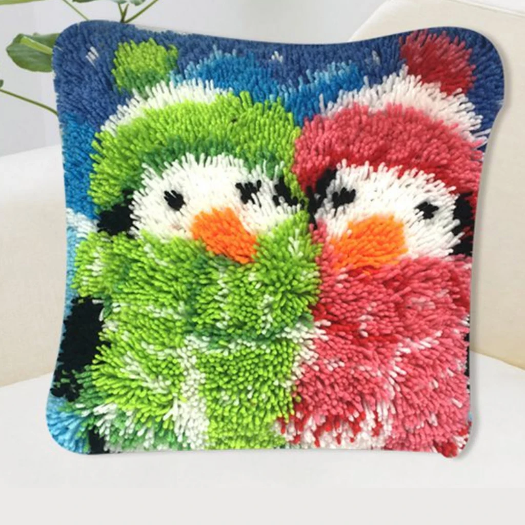 16X16 inch Christmas Latch Hook Crochet Needle Kits for DIY Throw Pillow Cover Sofa Cushion Cover Snowman with Pattern Printed 