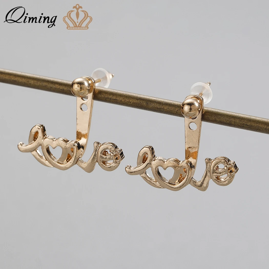 Женские серьги-каффы QIMING модные золотистые Двухсторонние серьги-гвоздики с