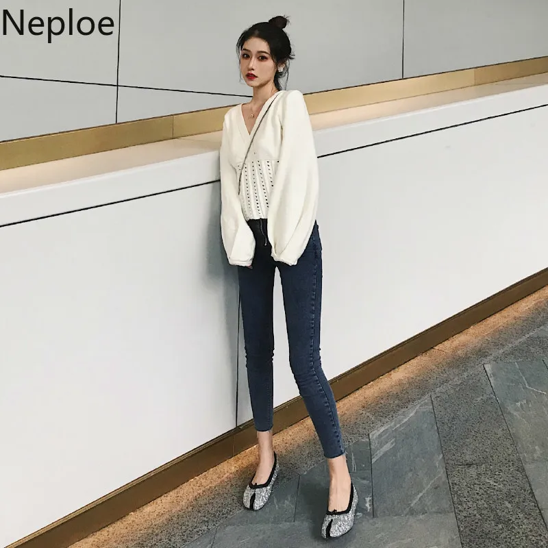 Neploe корейский элегантный свитер для фейерверка женский сексуальный полый тонкий женский пуловер с v-образным вырезом 46074