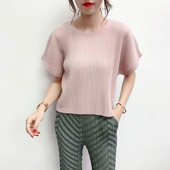 

LANMREM streetwear pleated T-shirt women short-sleeved summer new 2020 slim bawting sleeve round collar elastic loose tops YJ420