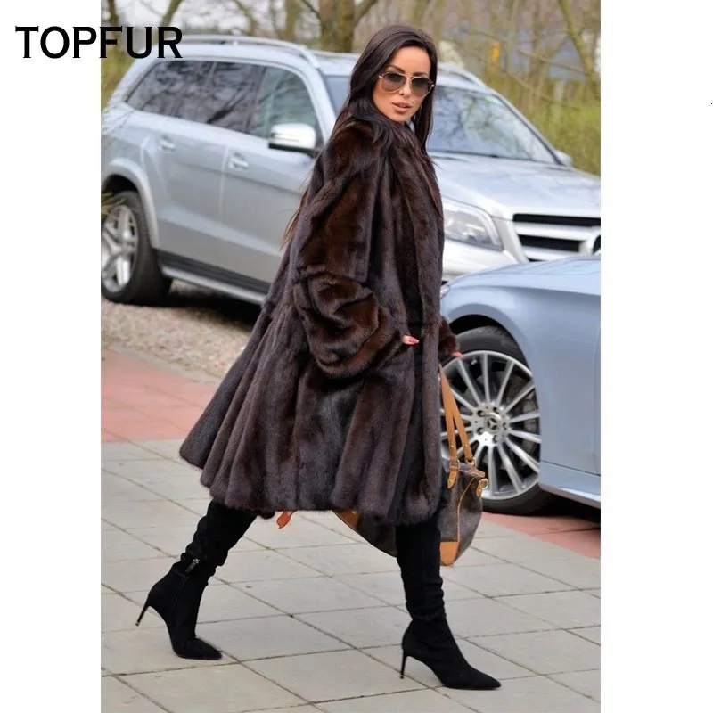 TOPFUR Новая шуба из настоящей норки для женщин X-Long 100 см Длина коричневая шуба Высокая уличная женская шуба из натуральной кожи меховые куртки