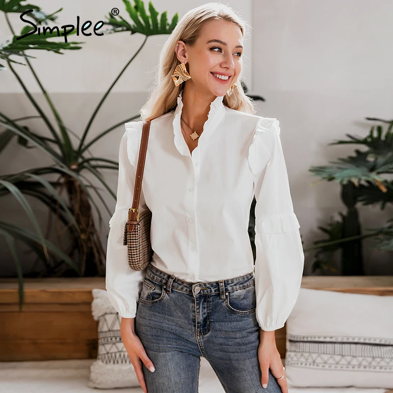  Simplee Elegant white women blouse shirt Sexy solid female top shirt Butterfl sleeve casual work we