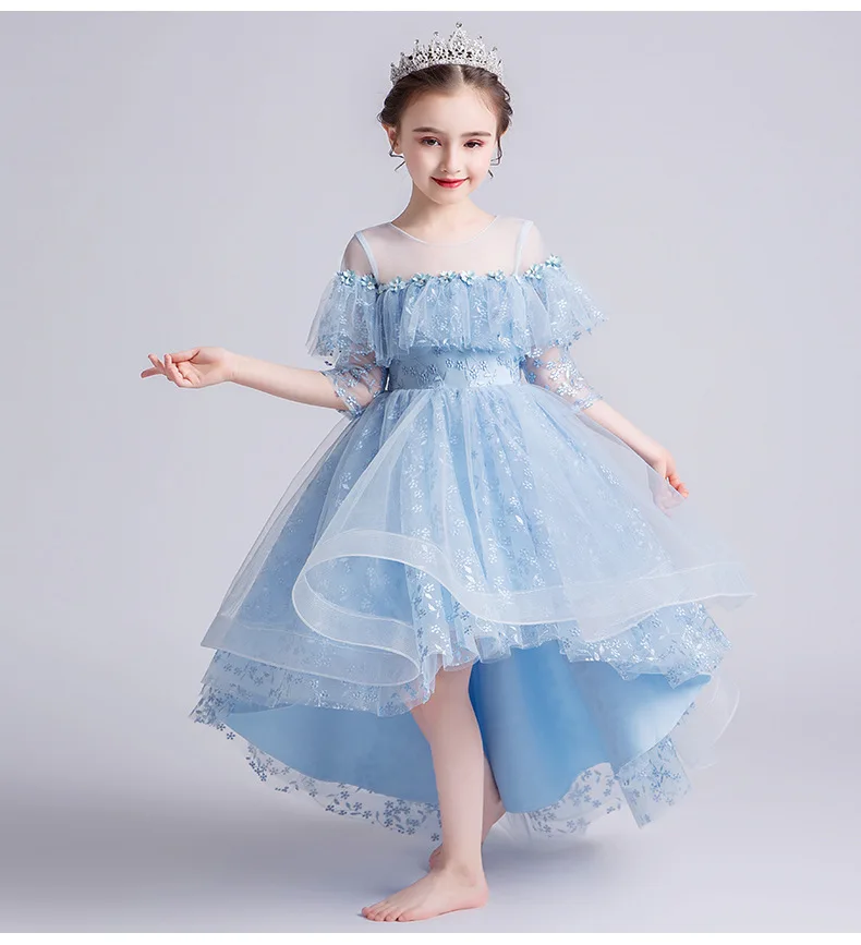 #^Special Price Blauw meisje jurk Strapless jurk Off Shoulder Pageant Jurken Korte Front Lange Shiny Kinderen Kind Forma