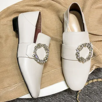 

Women's genuine leather crystal buckle slip-on flats mules round toe female soft comfort ballet flats high quality casual shoes