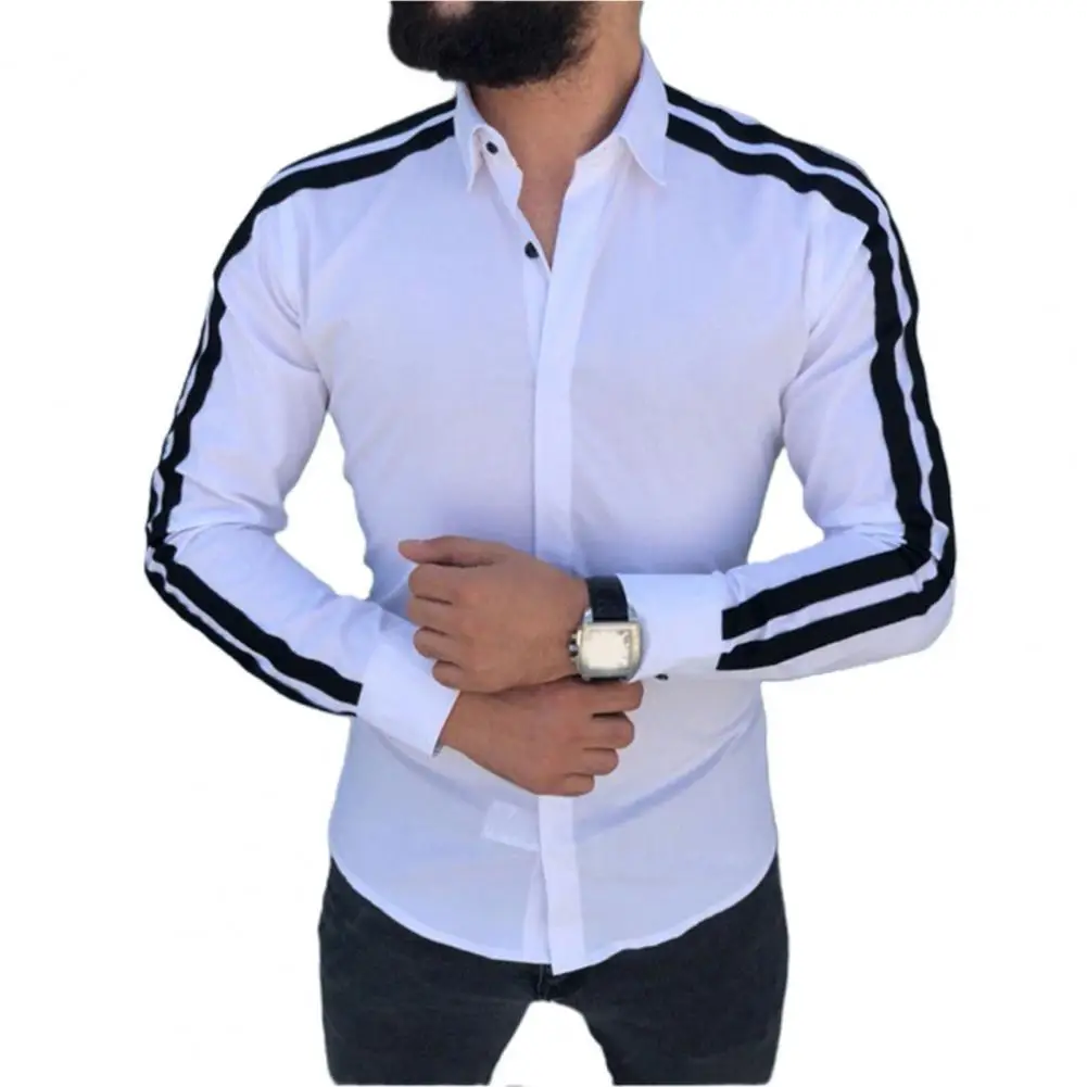 Рубашка мужская деловая в полоску приталенная сорочка с отложным воротником