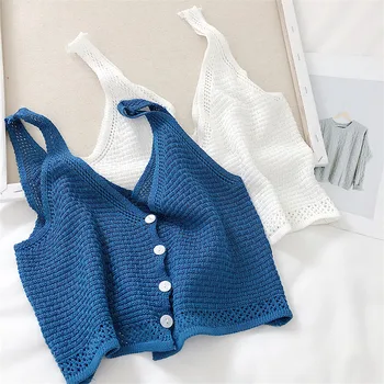 

20 Spring Big Size Women Knitted Vest Solid V-neck Tank Summer Outfits Lady Single Button Tanks Girl Crop Tops Bottomings 1169