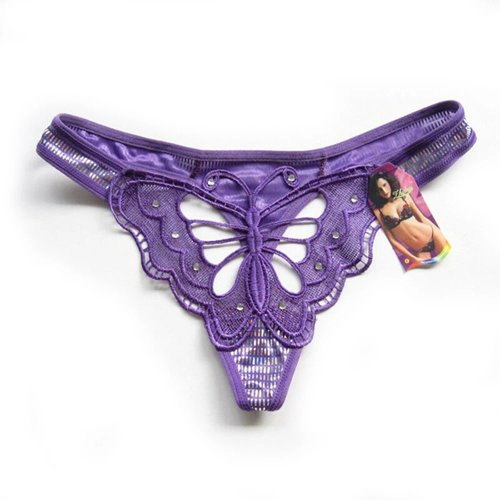 Женское Сексуальное белье с бабочками выдалбливают бабочки вышивка стринги нижнее белье с низкой посадкой прозрачный трусики - Цвет: Purple