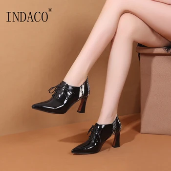 

Leather Boots Women 8cm Ankle Boots Black Off White Lace Up