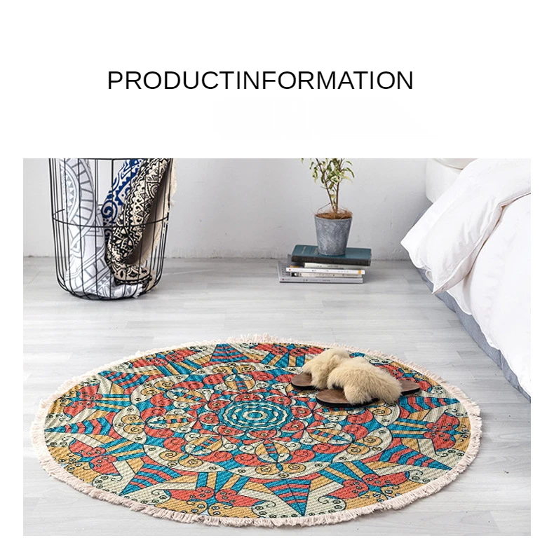 ​Home Decor Retro Bohemian Round Carpet Hand Woven Cotton Linen Carpet Rug Bedside Rug Geometric Floor Mat Living Room Carpet