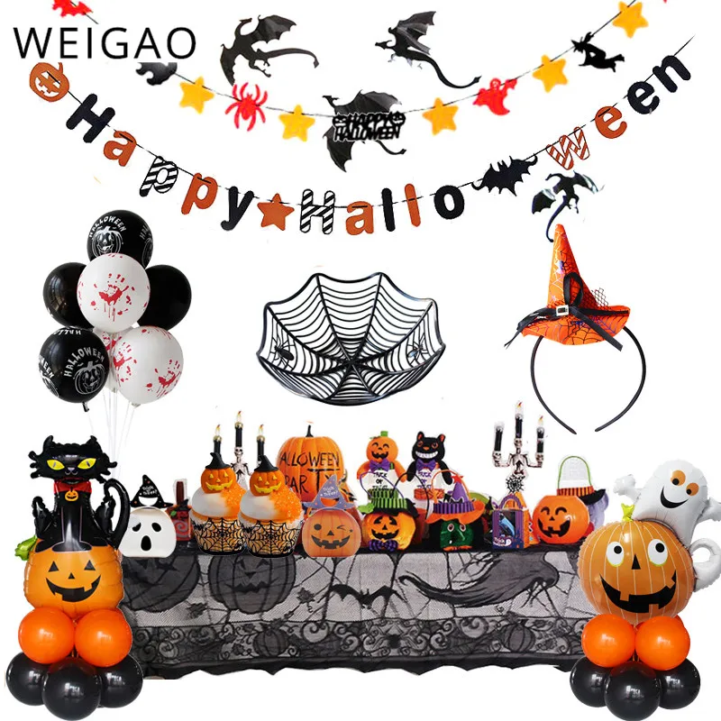 

WEIGAO Happy Halloween Decoration Pumpkin Paper Garland Banner Candy Box SkullBalloons LED String Light Halloween Party Supply
