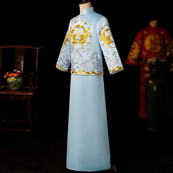 

Blue Groom Vintage Loose Cheongsam Traditional Chinese Wedding Gown Satin Qipao Embroidery Dragon Costume Vestido Oriental Mens
