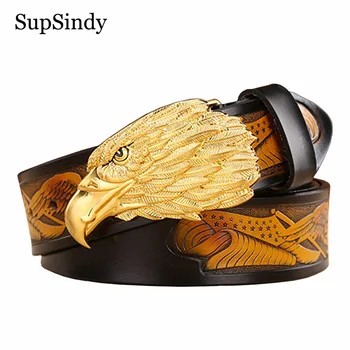 

SupSindy genuine leather man's belt fashion Eagle metal buckle Cowhide Carving leather Belts for men jeans waistband male strap