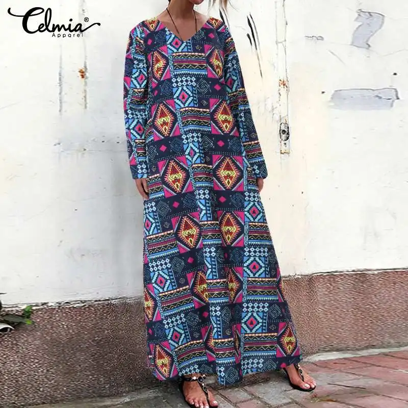 

Plus Size Women Vintage Print Party Dress 2019 Autumn Casual V Neck Long Maxi Dresses Loose Kaftan Party Vestidos Robe Femme 5XL