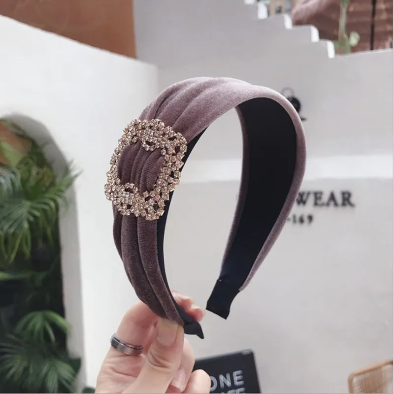 Шоколад High-end boutique hair accessories women diamond super flash gold velvet wide-brimmed headband hairband girl hair band headwear - Цвет: Шоколад