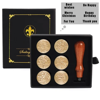 

6pc Box-packed Vintage Stamp Antique Metal Seal Wax Stamp Wooden Handle Wedding Invitation Decorated for Letter Postage Envelope