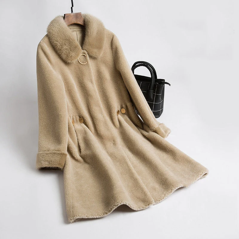 

Natural Real Sheep Fur Coat Winter Women Mink Fur Collar Outerwear Long Wool Overcoats Camel Office Lady Warm Female Jackets