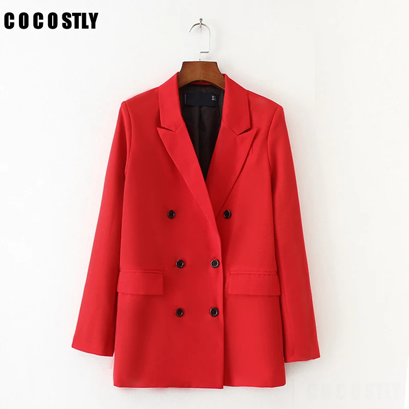 

Solid Red Blazer Women Solid Outerwear Lady Fashion OL Classic Collar Double Breasted Suit Jackets Long Basic Outerswear