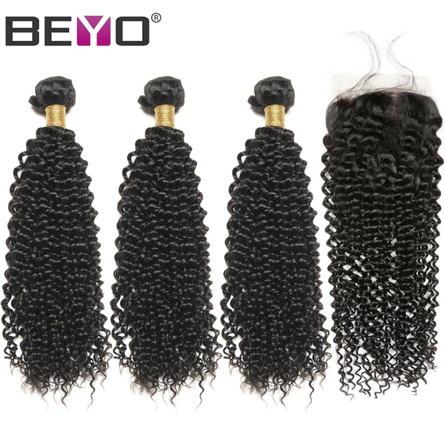

Kinky Curly Hair With Closure Human Hair 3 Bundles With Closure Non Remy Hair Bundles With Closure Cambodian Hair Extension Beyo