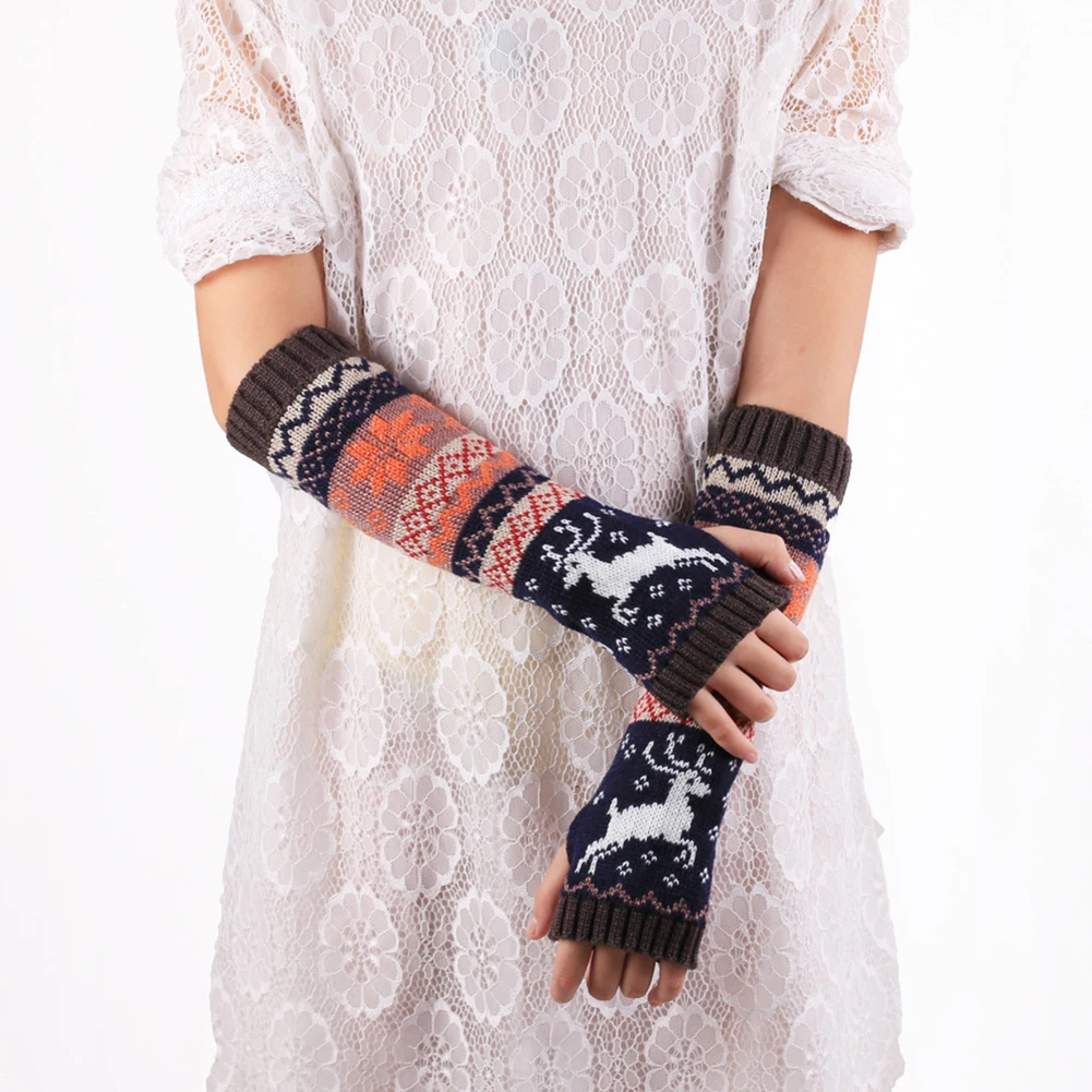Вязаные перчатки с принтом рождественского оленя снеговика женские перчатки с полупальцами зимние теплые перчатки без пальцев на запястье рукавицы женские перчатки