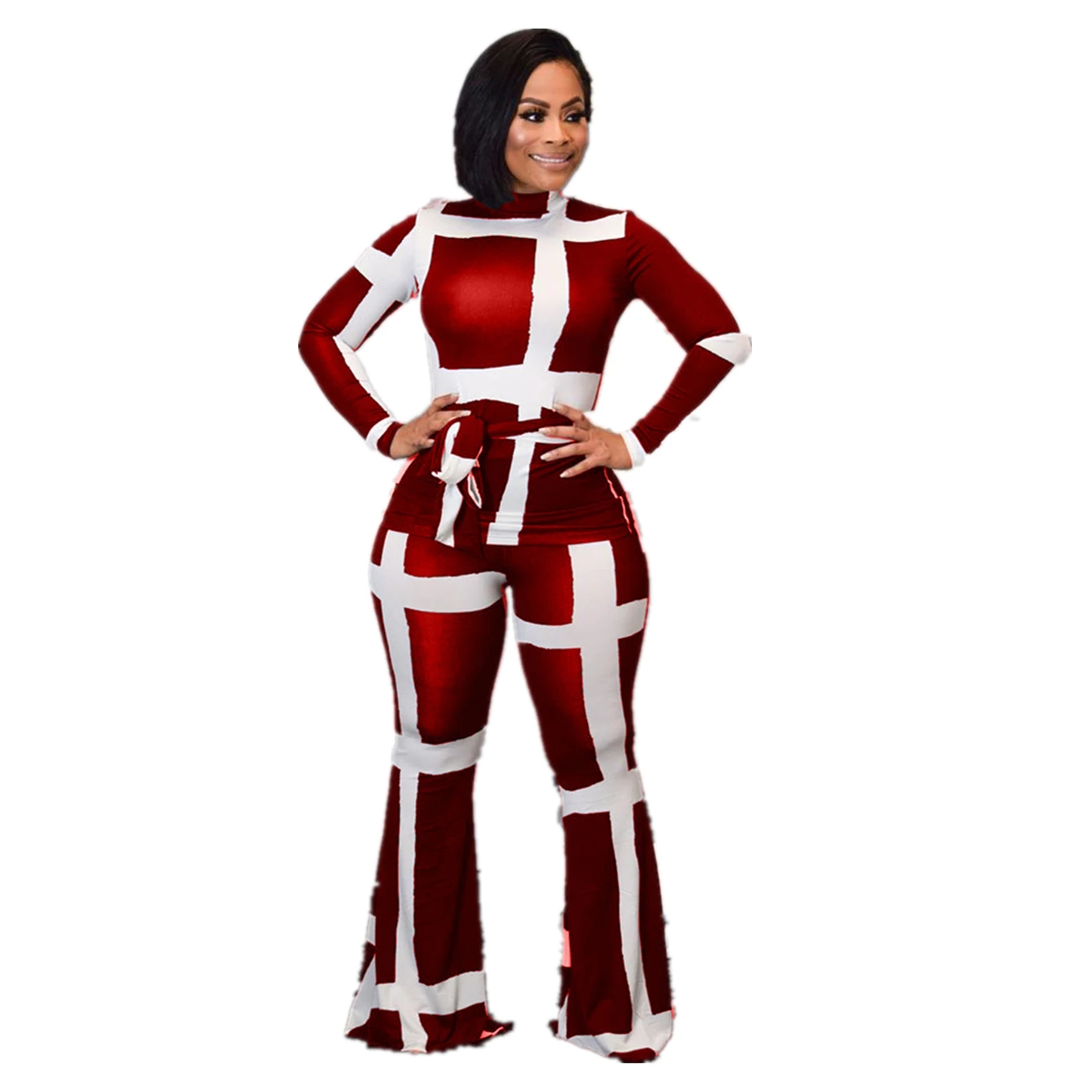 Повседневный комплект из двух предметов с принтом, зимняя одежда для женщин, воротник-стойка, футболка с длинным рукавом и широкие штаны размера плюс, осенняя одежда - Цвет: Red