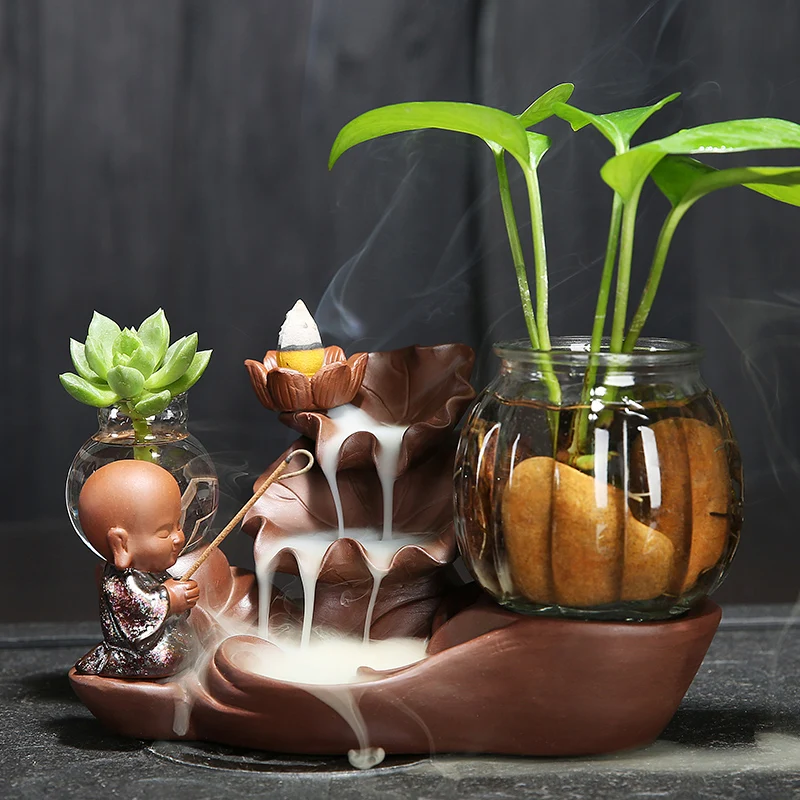 Creative The Lovely Little Monk Buddha Censer Backflow Incense Burner Lotus Leaf Ceramics Garden Home Office Decoration | Дом и сад