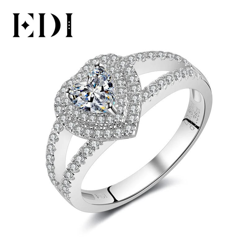 EDI Double Halo 0.5ct Heart Shape Moissanites Diamond 14k 585 White Gold Wedding Rings For Women Fine Jewelry | Украшения и