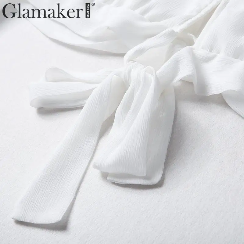 Glamaker белая блузка с длинным рукавом, рубашка, женские топы, шифоновый топ, короткая Сексуальная рубашка, топ, Женский клубный короткий топ, рубашка, уличная