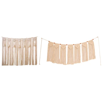 

2 Pcs Macrame Woven Wall Hanging Fringe Garland Banner Bohemian-100 X 70Cm & 90 X 40Cm