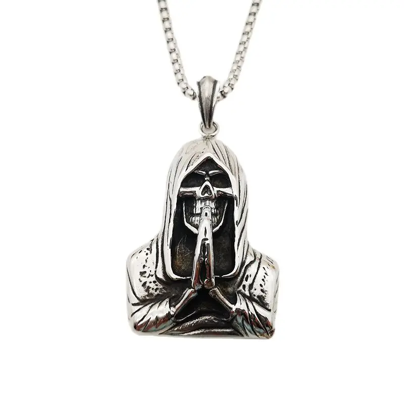 2021 SS New Cloaked Death Praying Pendant Necklace Vintage Silver Stainless Steel Mens Cool Death Necklace Fashion Jewelry Gift