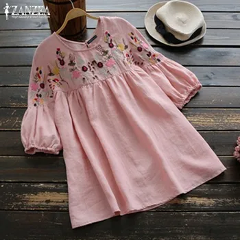 

Elegant Summer Shirts Women's Embroidery Blouse 2020 ZANZEA Vintage Puff Sleeve Shirts Oversized Tops Linen Tunic Blusas Chemise