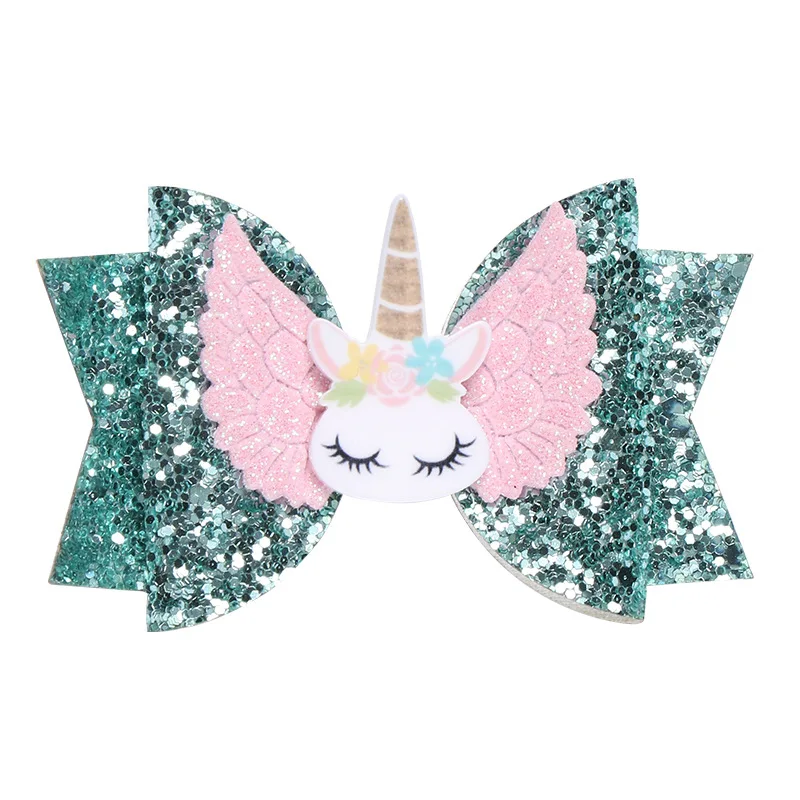 green Glitter Вечерние аксессуары для волос в виде единорога, блестящий бант, заколка для волос для девочек, милые детские шпильки в виде крыльев, ручная работа, радужная заколка для волос - Цвет: green Glitter