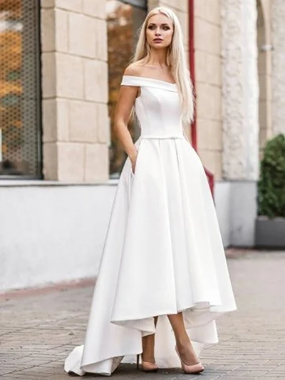 Lorie свадебное платье в стиле бохо с карманом Hi-Lo платья невесты Vestido de novia атласное с открытыми плечами Элегантное свадебное платье - Цвет: ivory