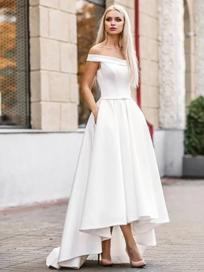 ivory Lorie свадебное платье в стиле бохо с карманом Hi-Lo платья невесты Vestido de novia атласное с открытыми плечами Элегантное свадебное платье - Цвет: ivory