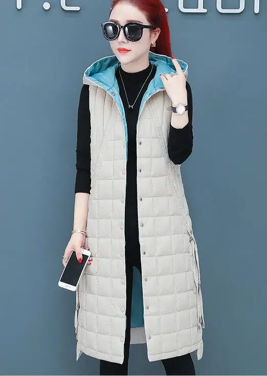 Новая зимняя Толстая теплая хлопковая пуховая жилетка женская модная однобортная куртка с капюшоном тонкая длинная рубашка без рукавов женские жилеты пальто - Цвет: Бежевый